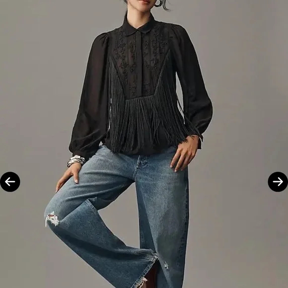NWT By Anthropologie Long-Sleeve Collared Embellished Fringe Blouse - Picture 3 of 6